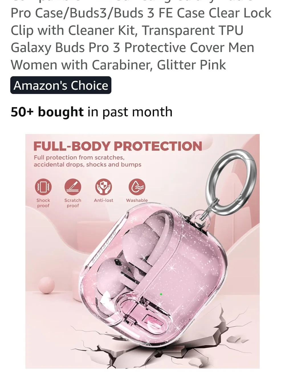 Samsung Galaxy Buds Pro 3 Pink Earbuds Case w/Carabiner-Compact Protective Cover